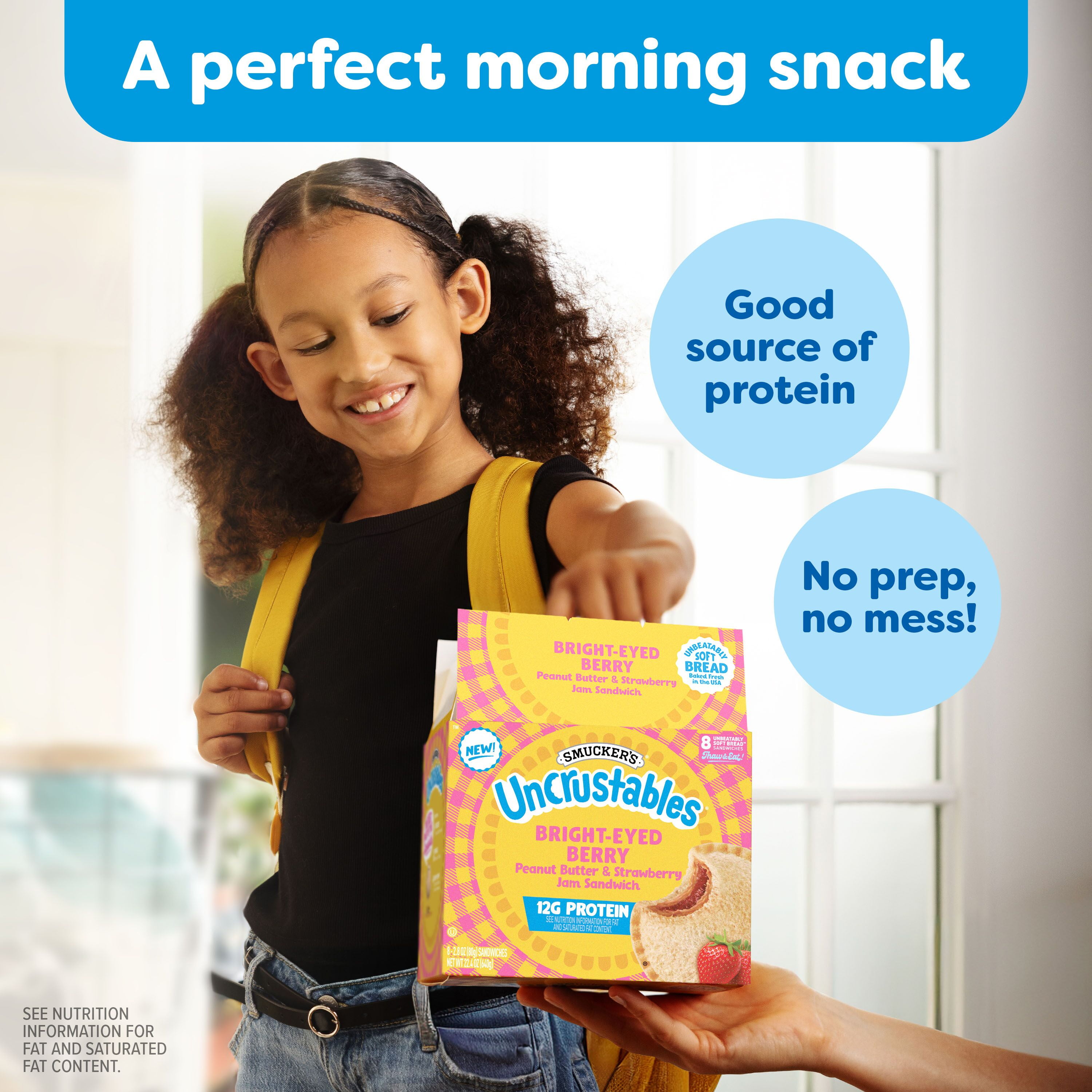 Smucker’s Uncrustables Bright-Eyed Berry Morning Protein Snacks, Peanut Butter & Strawberry Jam Sandwiches on Wheat Bread, 8 Count, 2.8 oz Each (Frozen)