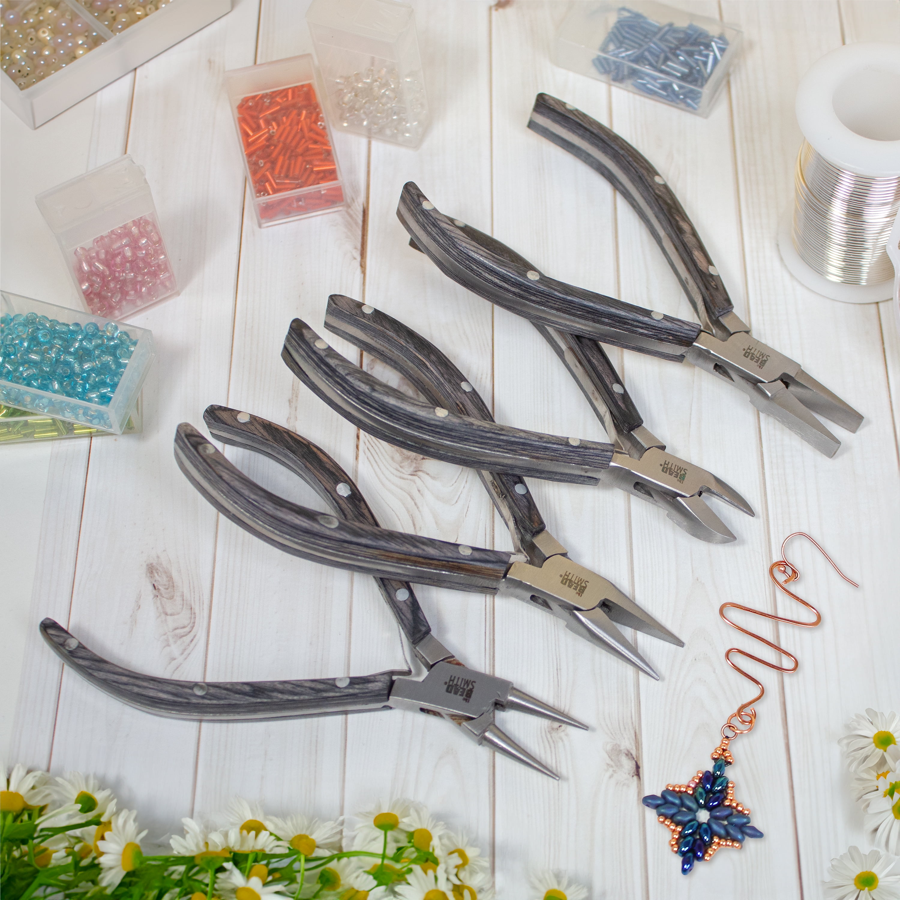 The Beadsmith Natural Elements Pliers Set - 4-Piece Kit: Chain Nose, Round Nose, Flat Nose, Side Cutter and Canvas Carrying Case – Black Wooden Handles - Tools for Jewelry Making