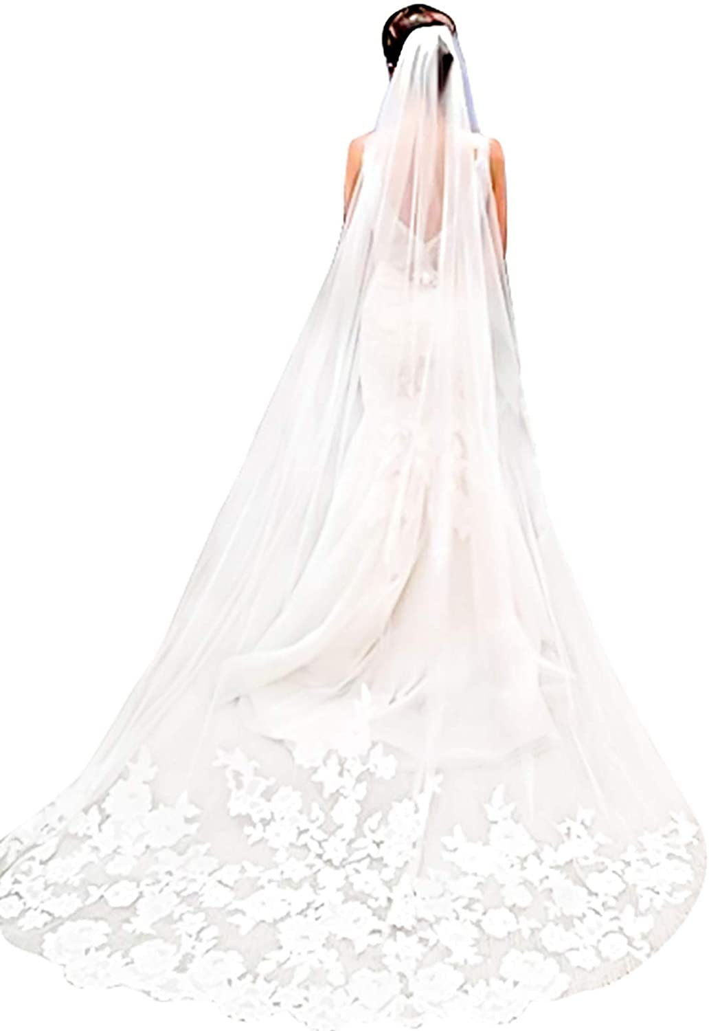 White Ivory Long Lace Flower Edge Bridal Veils Wedding Veils Romantic Head Voile 