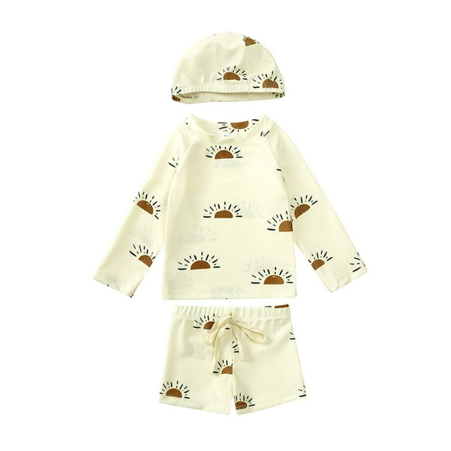MIASHUI Boys Swimwear Set Three Piece Floral Rash Guard Swim Suit With Matching Trunks And Cap For Toddler Kids Beige,12-24 Months