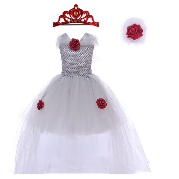 Odeerbi Kids Girls Vintage Queen Dress Gothic Rose Crochet High Low Tulle Tutu Dress with Crown