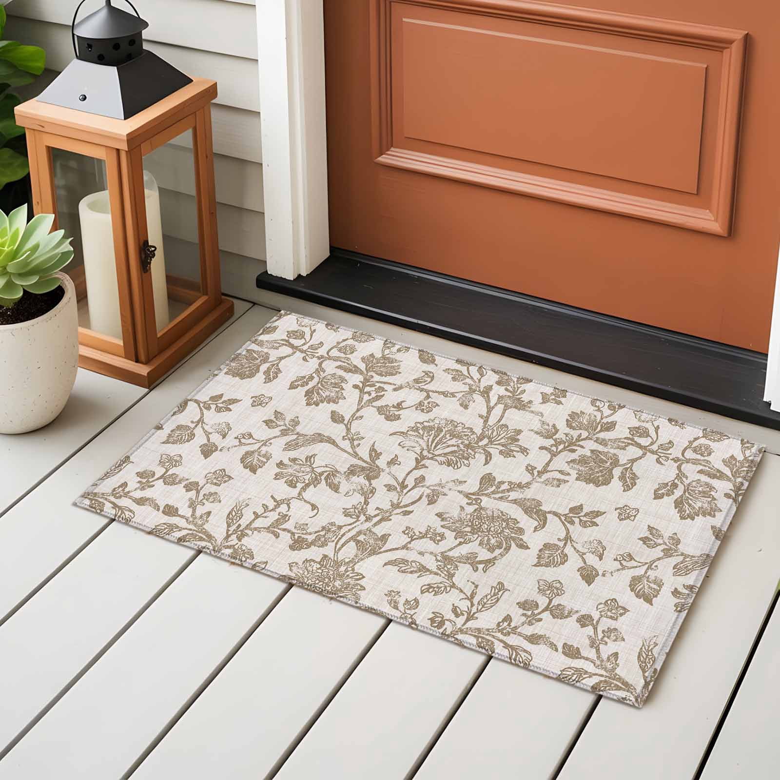 Farmhouse Khaki Bathroom Mat 2x3 FT, Non Slip Small Kitchen Mat, Vintage Flower Leaf Botanical Plant Washable Soft Backed Front Door Throw Rug Non-Shedding Indoor Outdoor Doormat for Entryway Sink