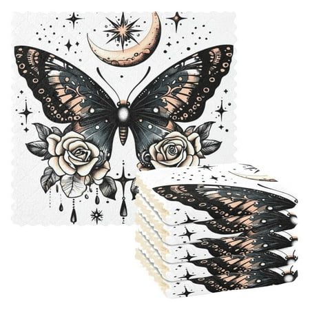 

6 Pack Kitchen Dish Towels 11 Inch x 11 Inch Reusable Cleaning Cloths for Washing Dishes Dish Cloths for Drying Dishes Butterfly with Rose and Moon
