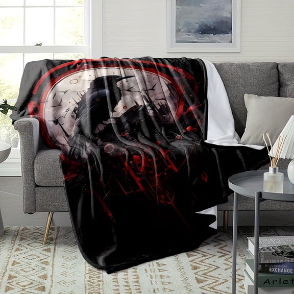 1pc Gothic Crow Pattern Flannel Blanket, Halloween Gift Blanket for Family and Friends, Midday Nap Blanket, Throw Blanket, Sofa Blanket, Camping and Travel Multi-purpose