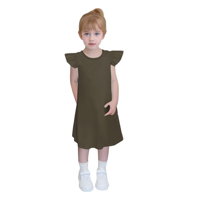 zbxnLI 4-14 Ans Robes Filles Manches Volantées Ligne A Robe d'Été Décontractée Couleur Unie Mignonne Mini Robes