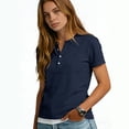 thumbnail image 5 of Womens Tops Women's Casual Color V-neck Short-sleeved T-shirt With Decorative Buttons. Navy L, 5 of 6