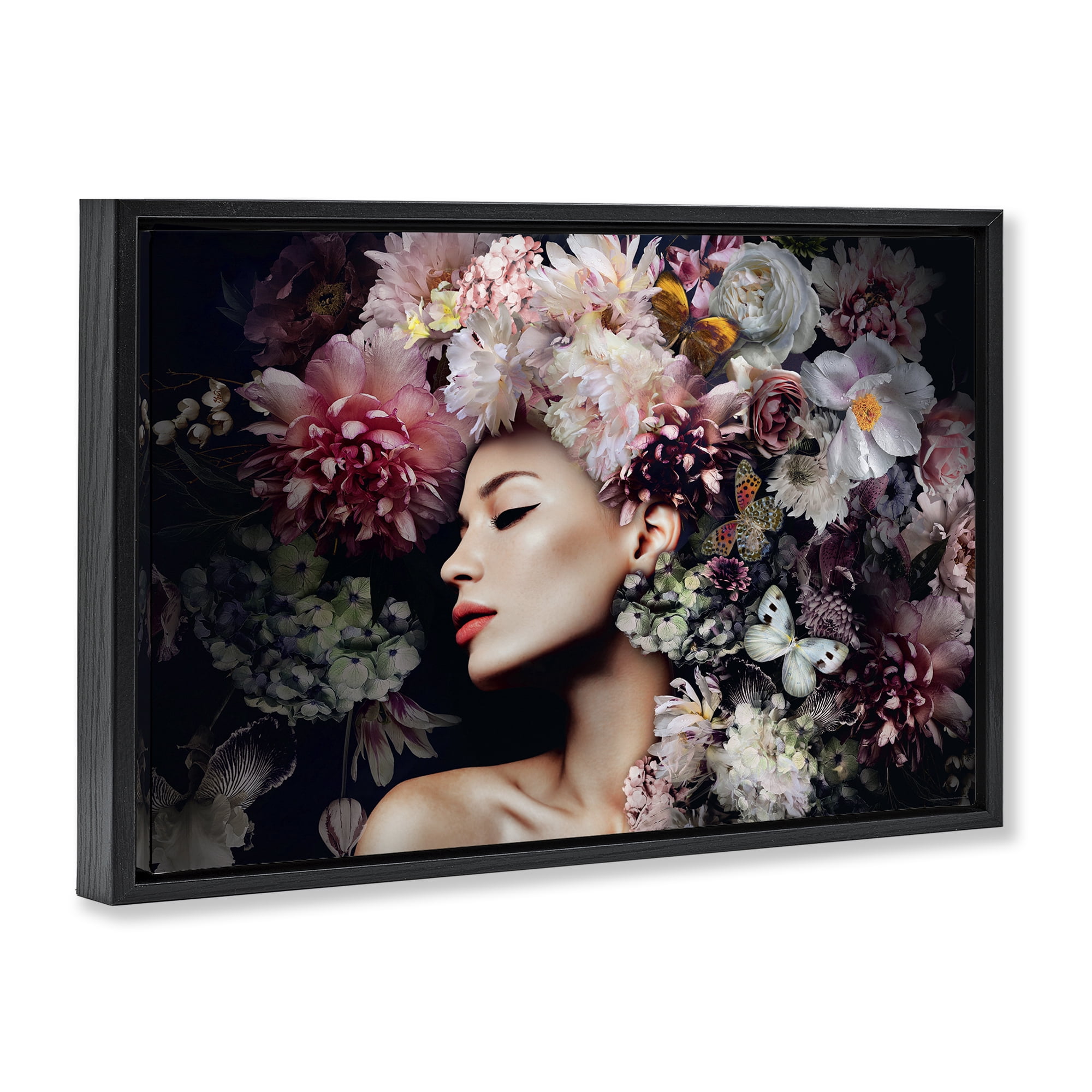 Stupell Industries Nature Florals Female Portrait Plants & Flowers Painting Black Floater Framed Canvas Art Print Wall Art, 31 x 21