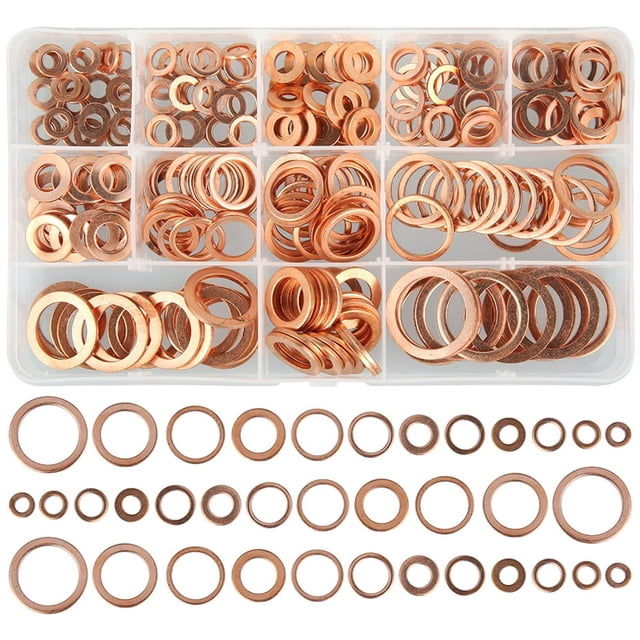 300Pcs M5-M20 Copper Washers 12 Sizes O Ring Copper Gaskets Set Flat Ring Seal Kit Assortment Car Copper Sealing Ring with Storage Case Hardware for Automotive Ship Generators Machinery a