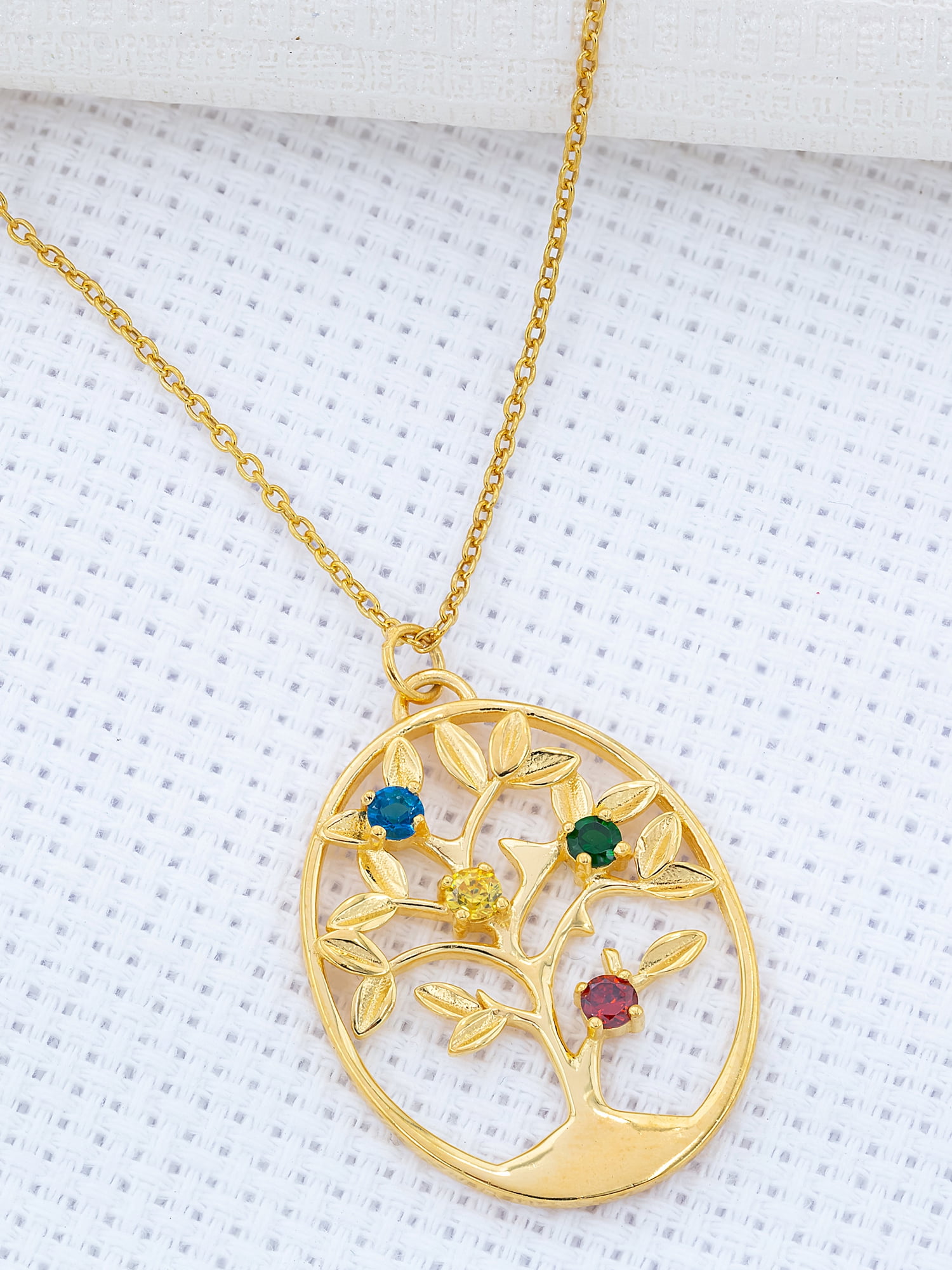 Personalized Round-Shaped Family Tree Pendant with Up to Four Birthstones