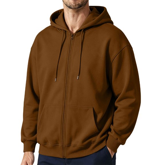 Resicozy Zip Up Hoodie Men Long Sleeve Solid Color Plain Hooded Sweatshirts Casual Fall Spring Track Jackets with Pockets Brown L