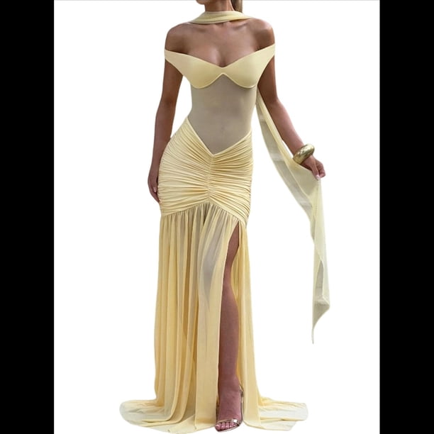 Vestido de Dama de con Escote en V, Plisado, de , 2025, con Hombros Descubiertos, Fluido, Formal, de Noche, para Invitada de Boda con Abertura Amarillo L