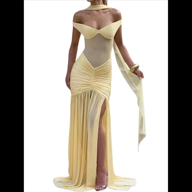 Vestido de Dama de con Escote en V, Plisado, de , 2025, con Hombros Descubiertos, Fluido, Formal, de Noche, para Invitada de Boda con Abertura Amarillo L