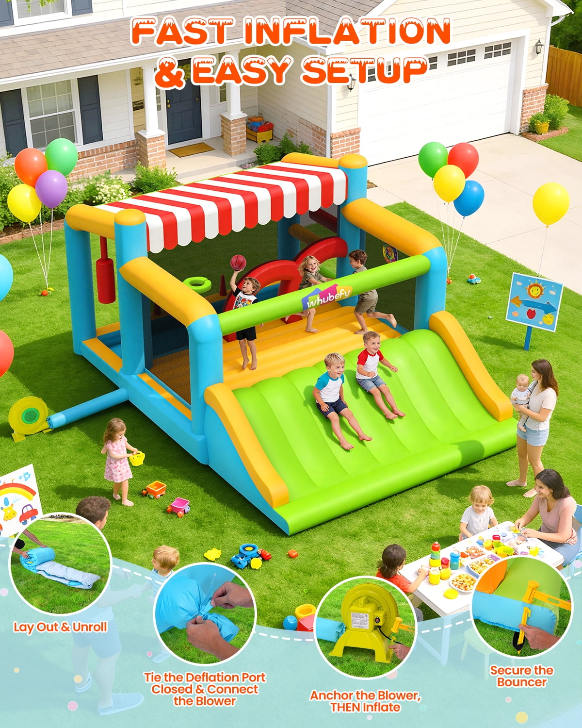 Veeboto Inflatable Bounce House 9-in-1 Multi-Functional, Water Slide with Ball Pool, Darts, Ring Toss, Punching Bag, and Obstacle Course, Indoor/Outdoor Kids Bouncy Castle Includes Blower