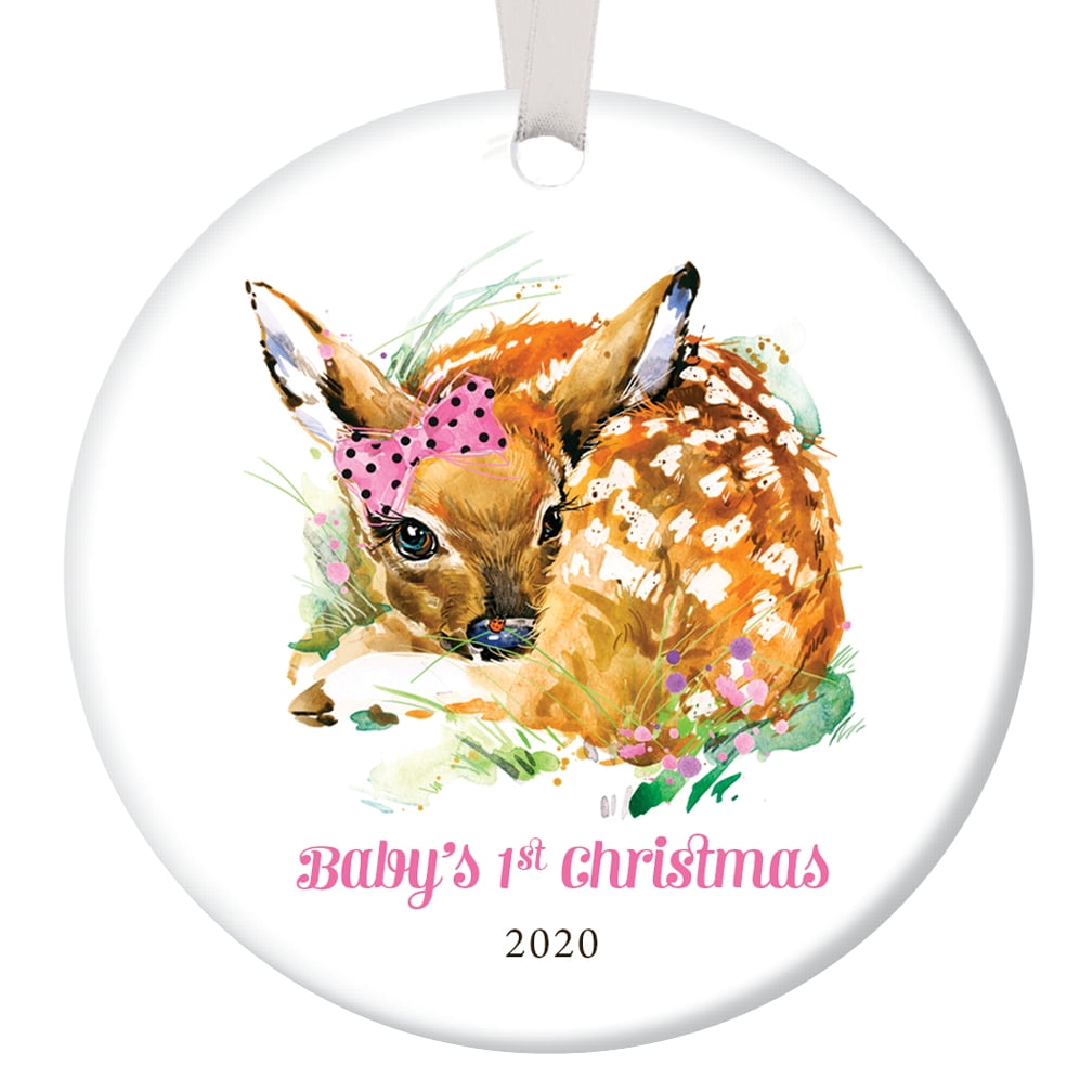 Cute Fox Baby Girl Ornament 2020 Newborn Daughters First Christmas 1st Holiday New Parents Mommy /& Daddy Adorable Baby Shower Ceramic Keepsake Present 3 Flat Porcelain with Gold Ribbon /& Free Box