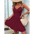 thumbnail image 6 of Women's Summer Dresses V Neck Spaghetti Strap Sundress Casual Beach Flowy Mini Dress Wine Red XL, 6 of 9