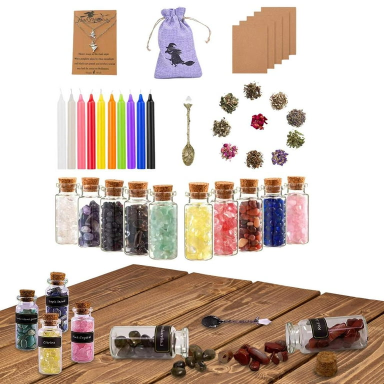 IRmm Witchcraft Supplies Kit 110 PCS,for Beginner Witchcraft Kit for Altar  Supplies, with Crystal Jars, Dried Herbs, Colored Magic Candles,Witch