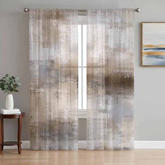 Abstract Brown Sheer Curtains 84 Inch Length 2 Panels Set, Modern Oil Painting Color Blocks Artwork Voile Window Treatment Rod Pocket Curtains Sheers Drapes for Bedroom/Living Room/Kitchen 52"x84"x2