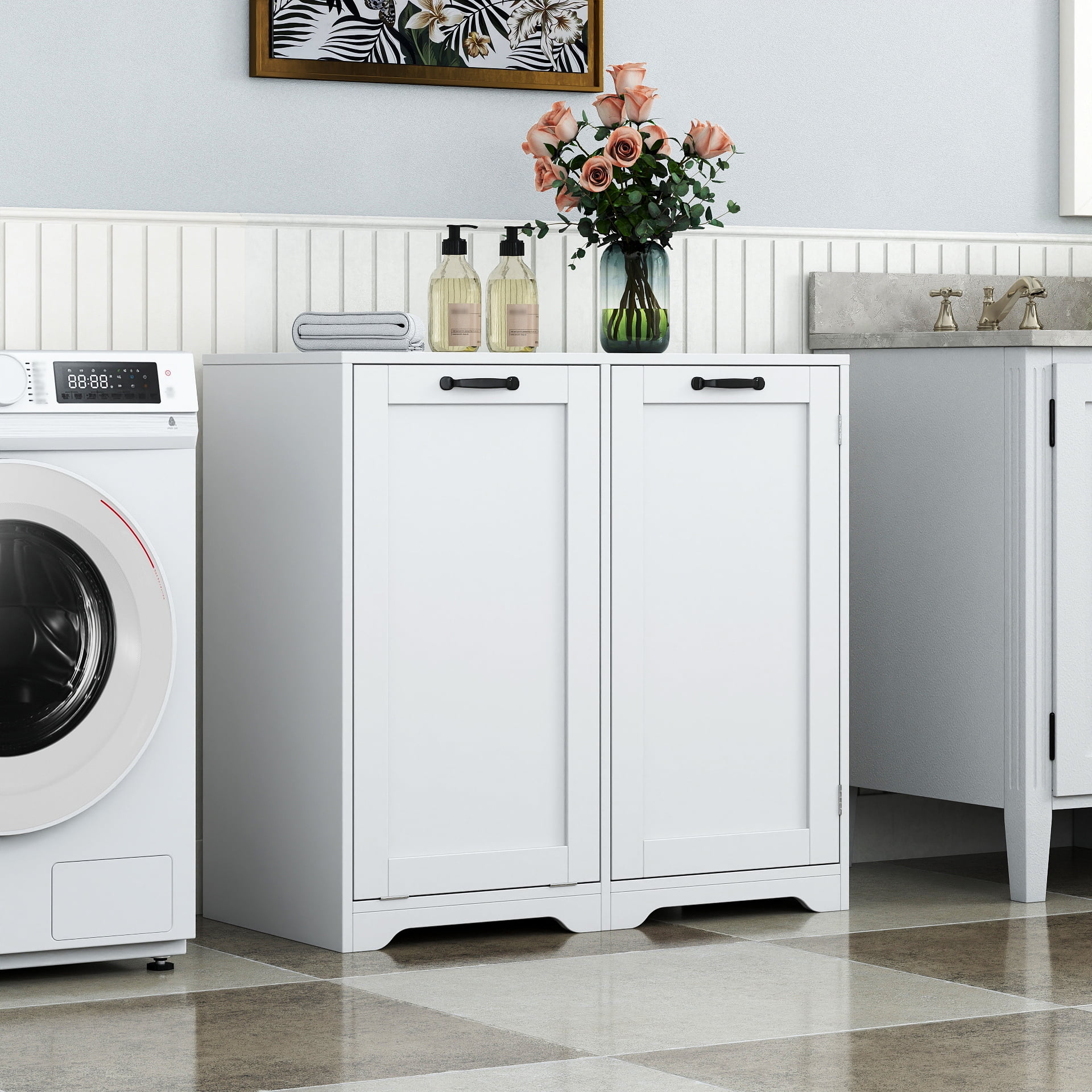 Mintazer Laundry Cabinet with Tilt Out Hamper & Doors, Bathroom Storage Cabinet with Adjustable Shelves, White