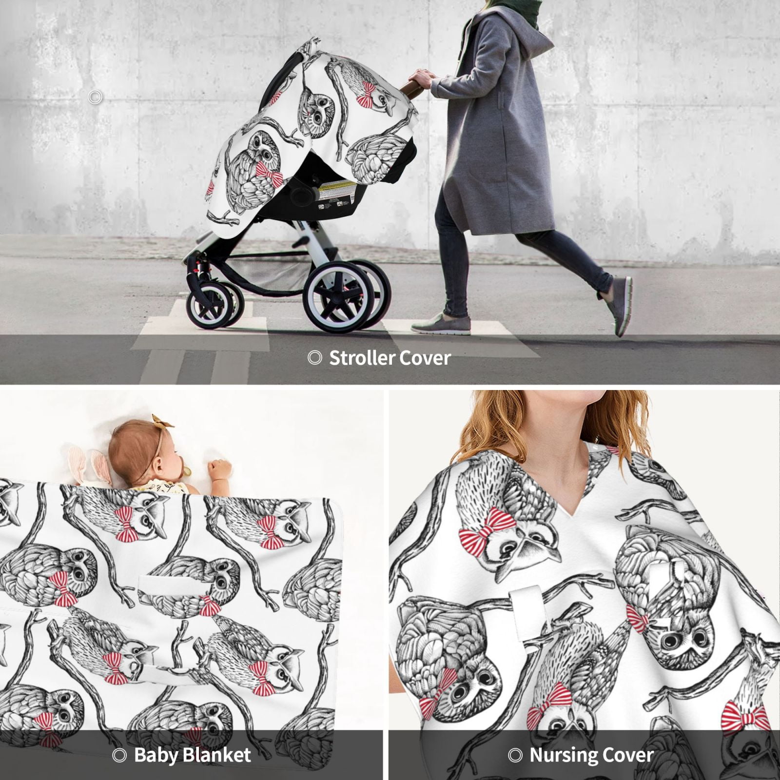 Car Seat Cover Baby - Bow Tie Owl Breathable Infant Car Seat Cover for Baby Carseat, Lightweight Comfort Baby Essentials Must Haves Newborn Stuff for Girl Boy