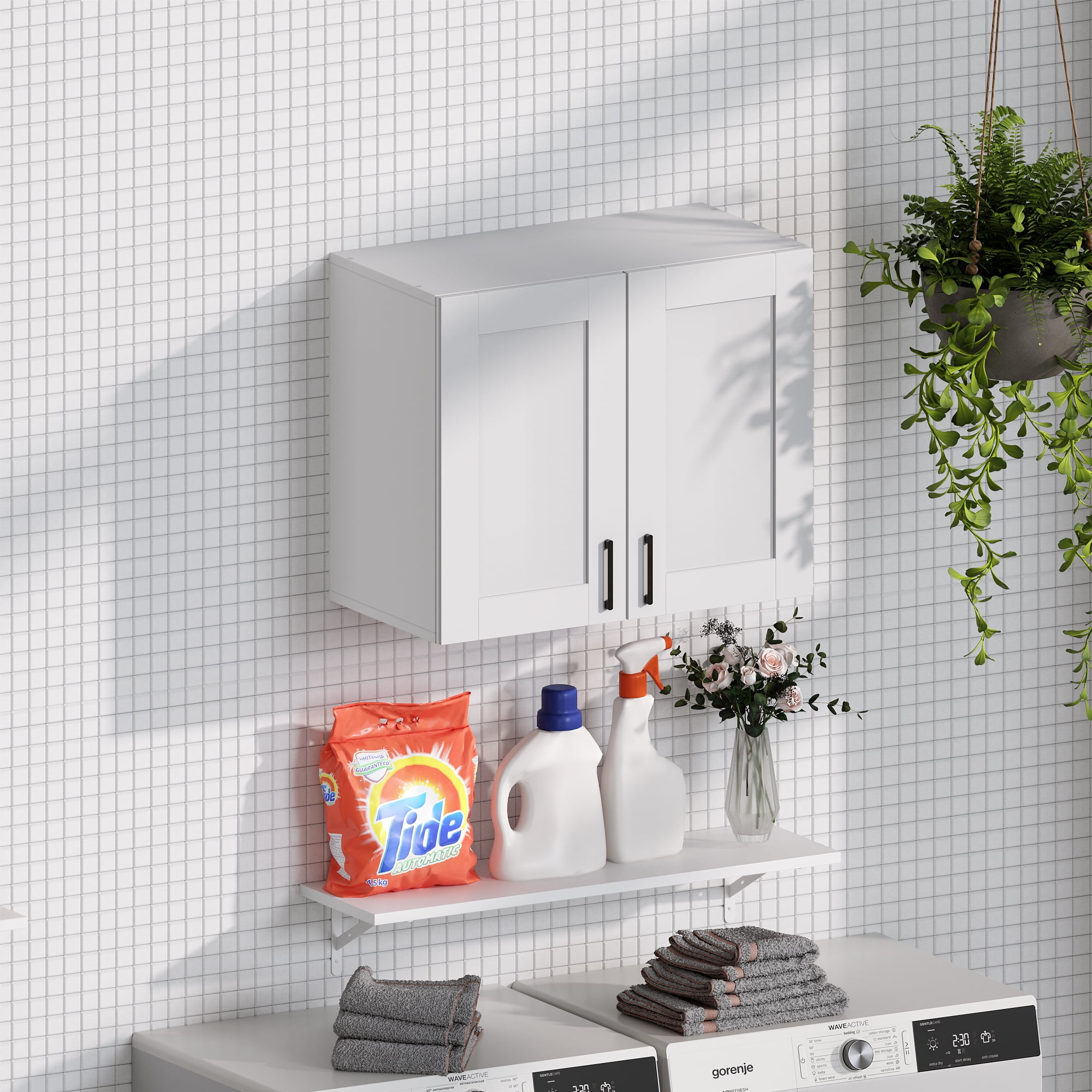 White Laundry Room Cabinets and Storage with 2 Doors and Utility Adjustable Shelf，Gabinetes Para Cocina Cupboard Kitchen Organizers and Storage Pantry Wall Mounted 12.4"D x 23.6"W x 19.7"H