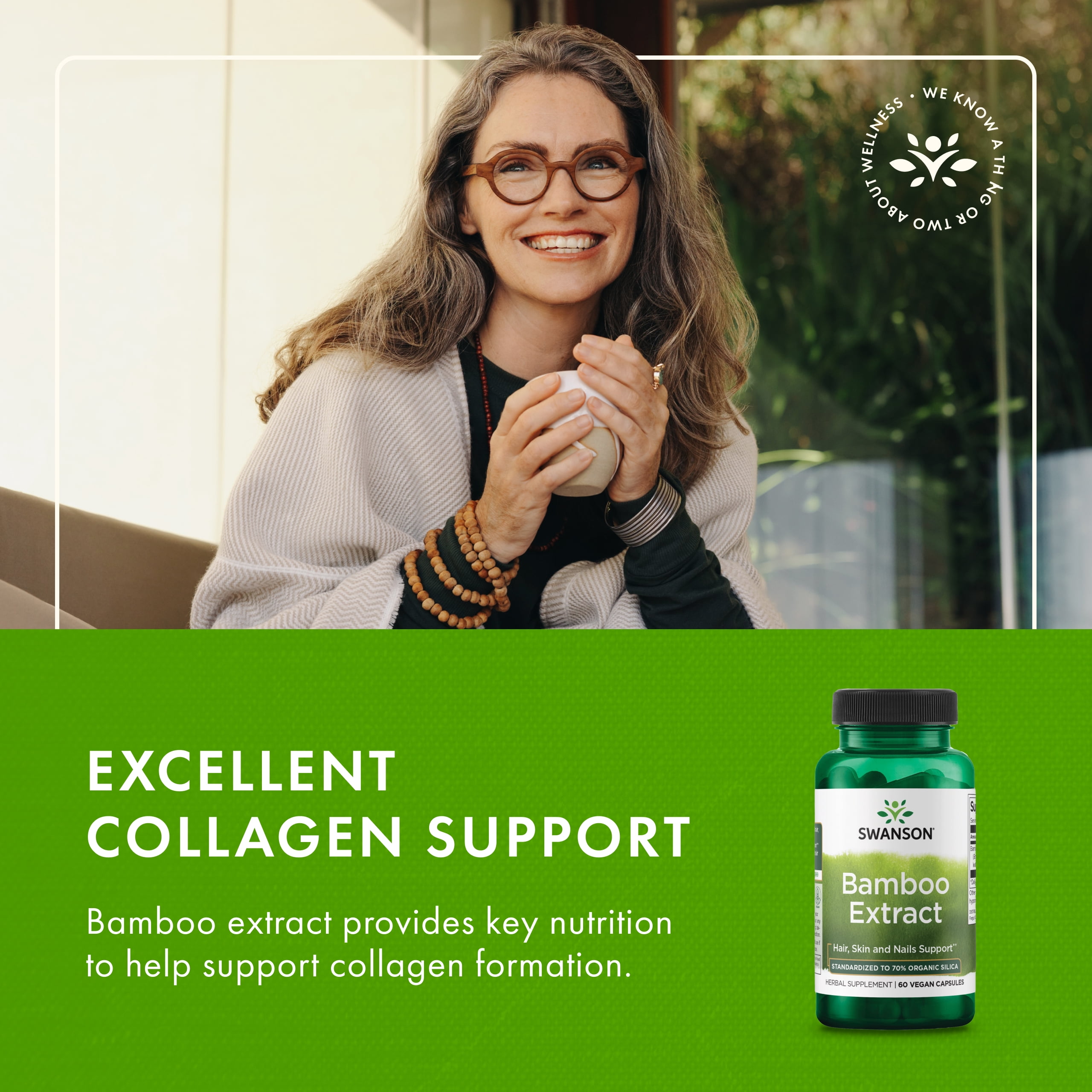 Swanson Bamboo Extract - Natural Hair, Skin and Nails Supplement - 70% Silica Content Supporting Collagen Formation & Bone Growth - (60 Veggie Capsules, 300mg Each) (2 Pack)