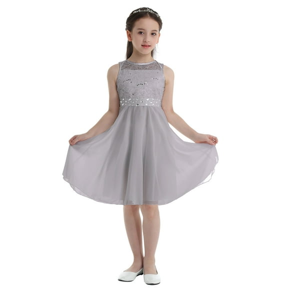 inhzoy Kids Girls Lace Chiffon Flower Girls Dress Bowknot Back Sleeveless Sequined Wedding Birthday Party Princess Gowns,Sizes 2-16 Gray 2
