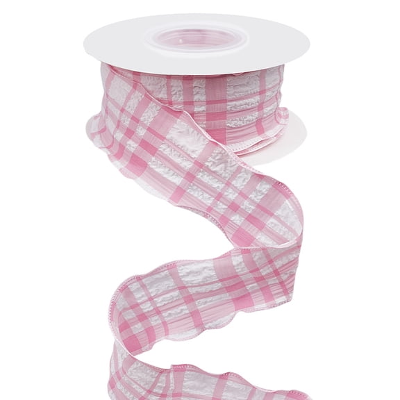 Pink Plaid Ribbon Checkered Ribbon Wired White Gingham Double Chiffon Ruffled Edge Polyester Fabric Ribbons Bulk with Spool