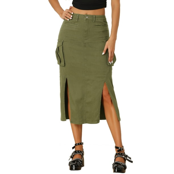 Falda Cargo de mezclilla INSPIRE CHIC para mujer, falda midi de mezclilla con abertura Y2K y bolsillo, tamaño XS, color verde ejército
