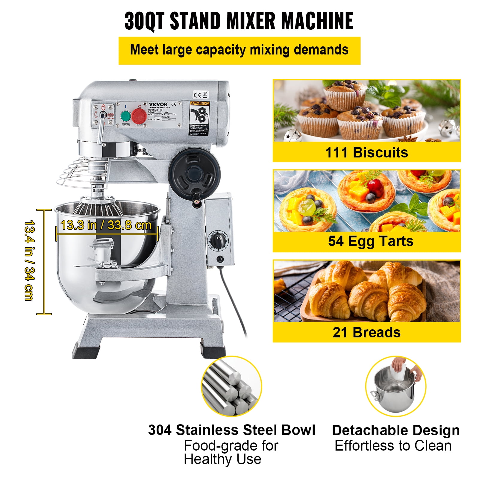BENTISMbrand Commercial Stand Mixer, 30Qt Stainless Steel Bowl, 1500W Heavy Duty Electric Food Mixer with 3 Speeds Adjustable 108/199/382 RPM, Dough Hook Whisk Beater Included, Silver