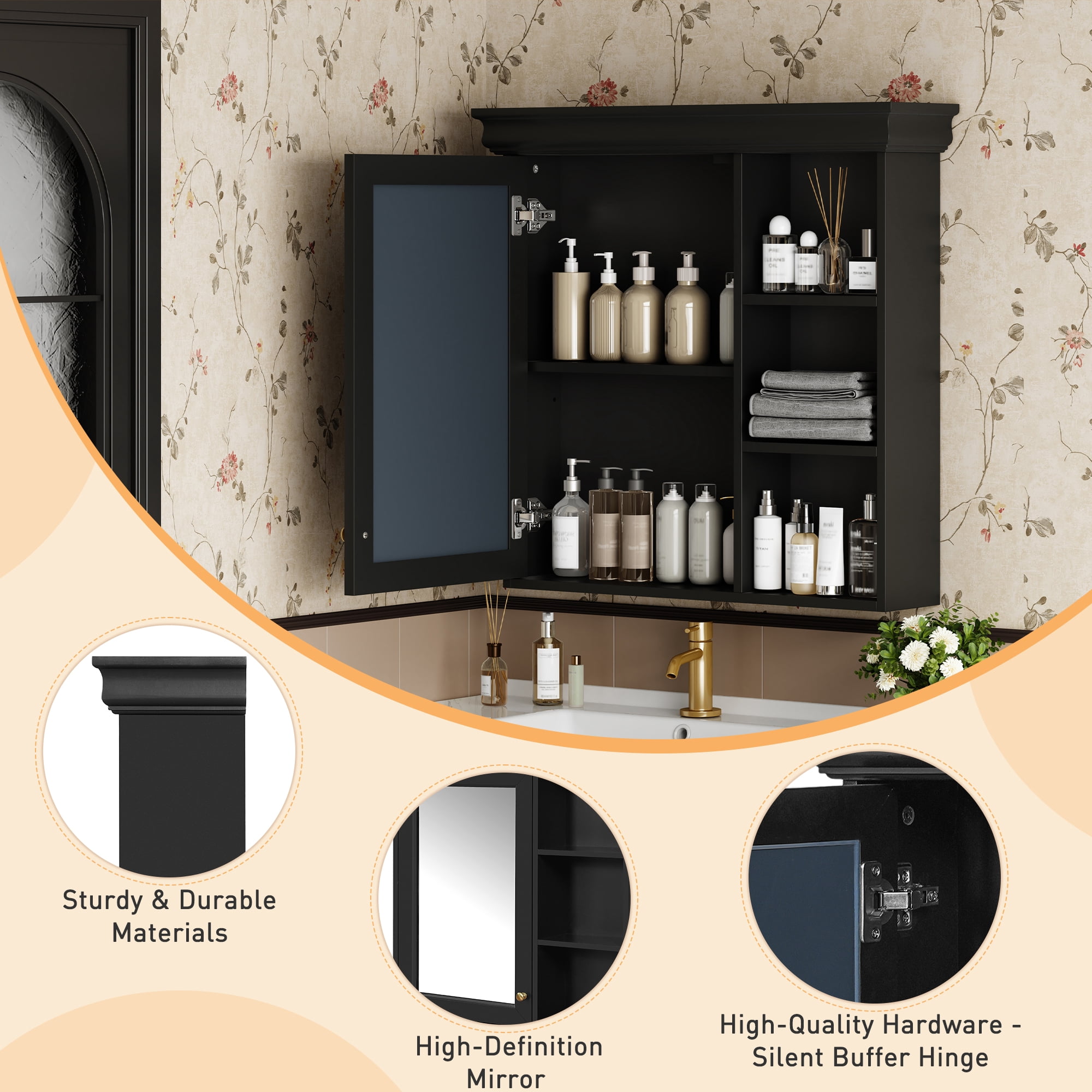 MAYEERTY 30'' x 28'' Black Bathroom Medicine Cabinet with Mirror, Wall Mounted Storage Organizer – Over Toilet Cabinet