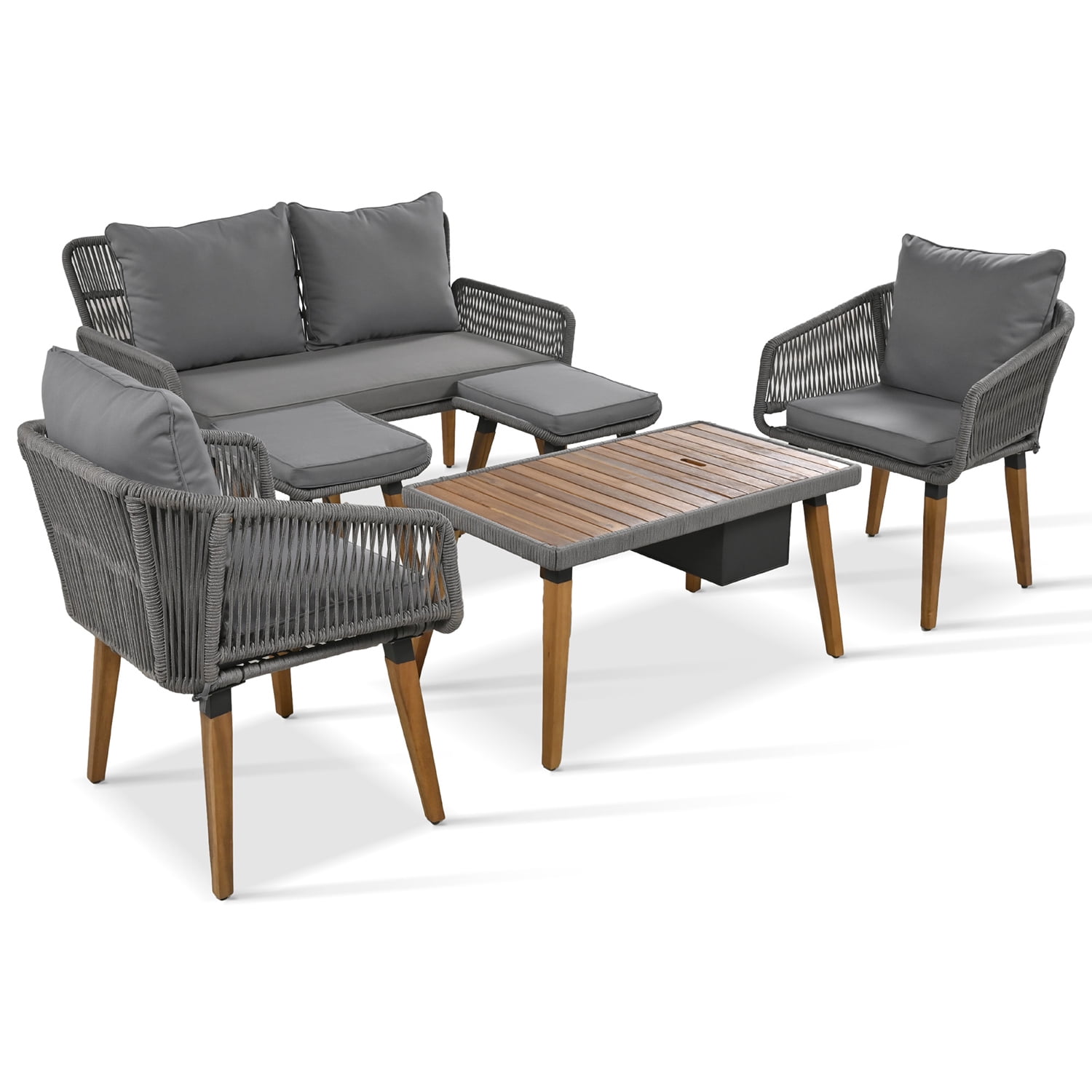 Aimee Lii Outdoor Patio Acacia Wood & Rope 6-Piece Furniture Set with Ice Bucket, Patio Conversation Set with Ottomans, Gray