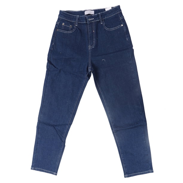 Pantalones de mujer hasta el tobillo de algodón elástico, pierna recta, cómodos, tiro alto, con bolsillos laterales, azul oscuro 29