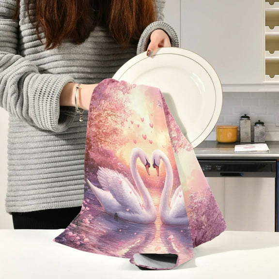 BZSMCE Kitchen Towels Creative White Swans Pattern Durable Kitchen Towel