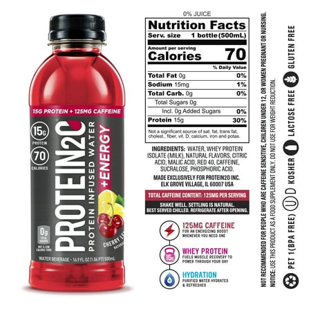 Protein2o 15g Whey Protein Infused Water Plus Energy, Cherry Lemonade, 16.9 oz Bottle (4 Count)