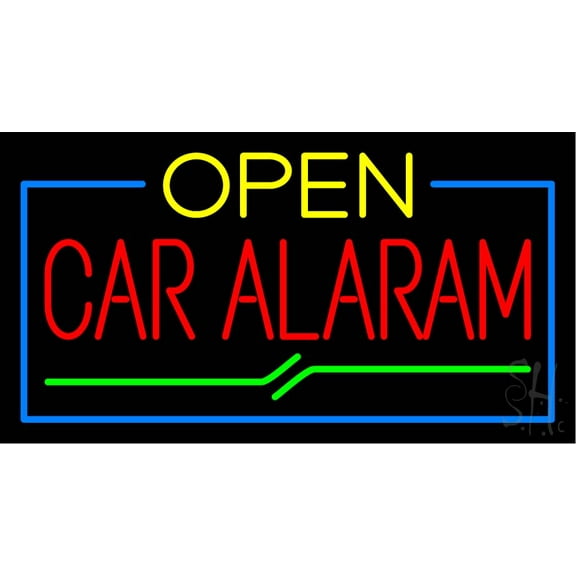 Yelllow Open Car Alarm LED Neon Sign 20 x 37 - inches, Clear Edge Cut Acrylic Backing, with Dimmer - Bright and Premium built indoor LED Neon Sign for Computer & Electronics store decor.