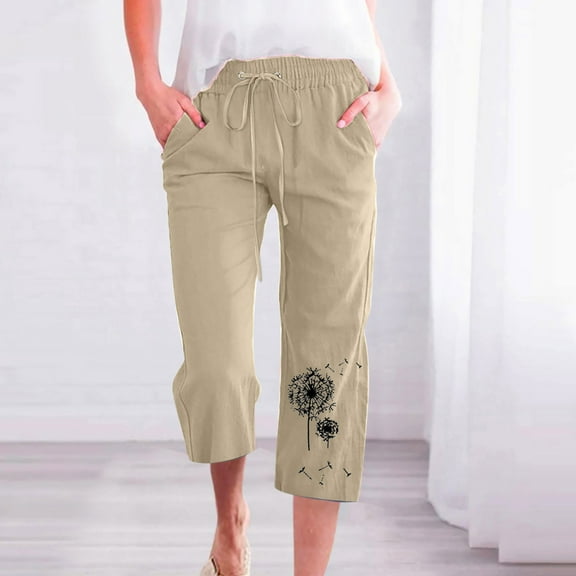Linen Pants Women Summer Fashion Casual Printing Elastic Loose Pants Straight Capris Beach Plus Size High Waisted Wide Leg Pants with Pocket S-3XL on Clearance