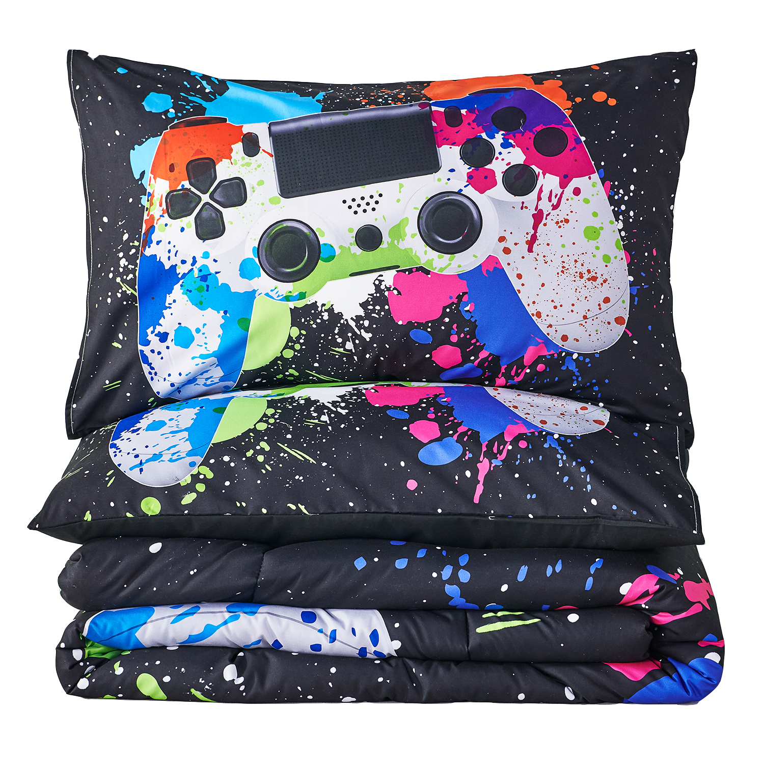 PERFEMET Full Size Boys Comforter Set 3Pcs Gaming Bedding Set for Men Kids Teens Colorful Game Console Button Print Quilt Set-for All Seasons (Colorful, Full)
