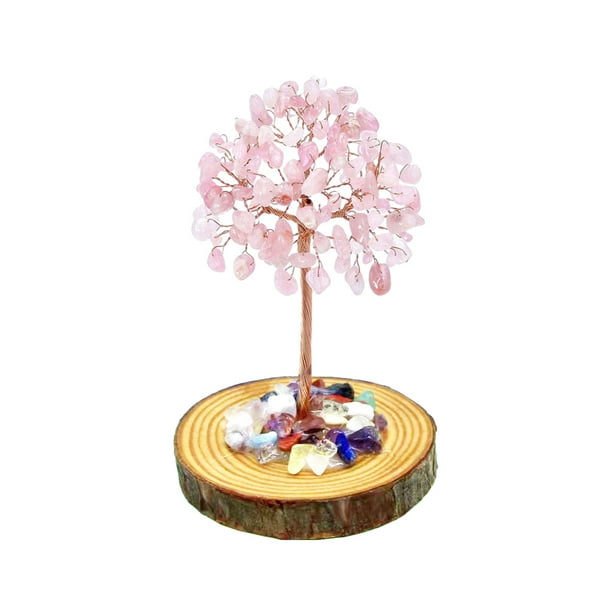 Bewildely Árbol de piedras curativas y de cristal hecho a mano, opción de regalo, para decoración de escritorio, cristales y piedras curativas Decoración del hogar rosa