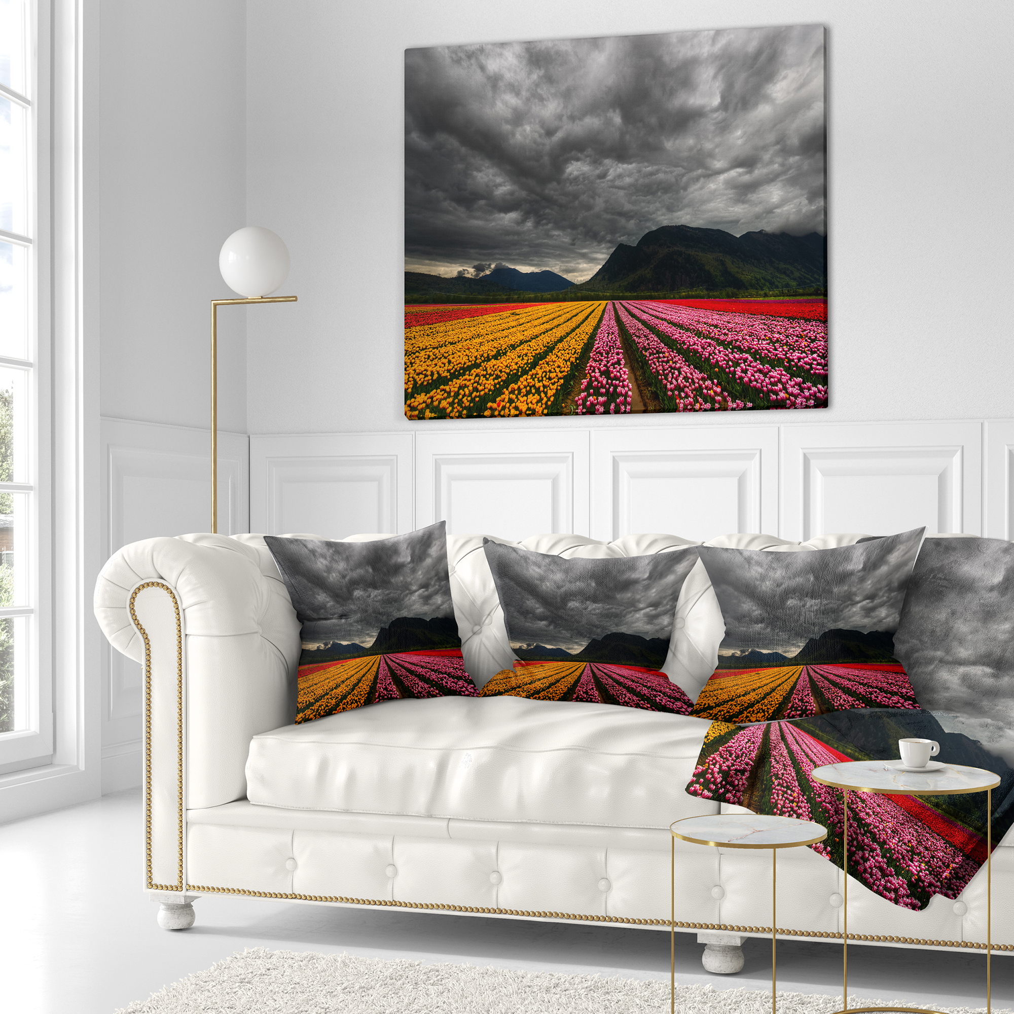 Designart Parallel Rows of Colorful Tulips - Landscape Printed Throw Pillow - 16x16
