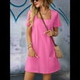 thumbnail image 4 of Ladies Solid Color Square Neck Short Sleeve Fashion Casual Pocket Dress Rose Red L, 4 of 9