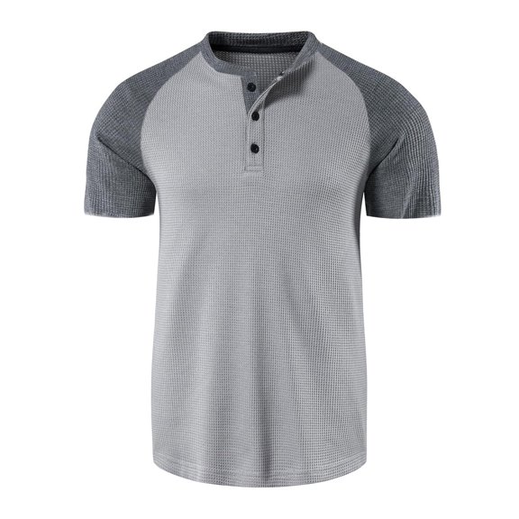 WREESH Men's Colorful Henley Shirts Short Sleeve T-Shirt in a Waffle Texture a Color Block Design for a Casual Look Gray