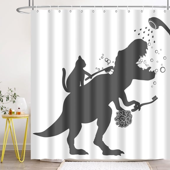 Cat Dinosaur Shower Curtain Funny Help Dino Bathe for Kids Boys Trex Silhouette Shadow Black White Bathroom Waterproof Polyester Fabric 72Lx72W Inch with Hooks