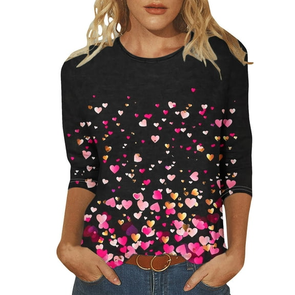 Tbopshirt Valentine's Day T-Shirts for Women 3/4 Sleeve Casual Crewneck Loose Graphic Tees Summer Plus Size Tops,S-XXXXXL