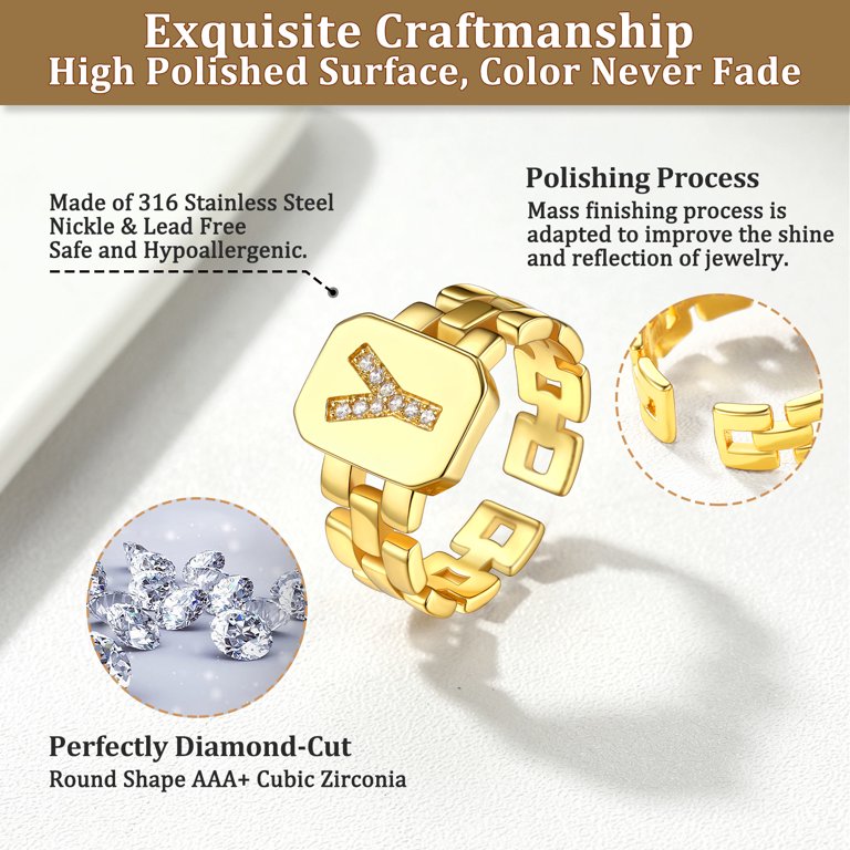 18K Gold Plated Initial Ring - Adjustable Open Letter Statement Ring With Cubic Zirconia