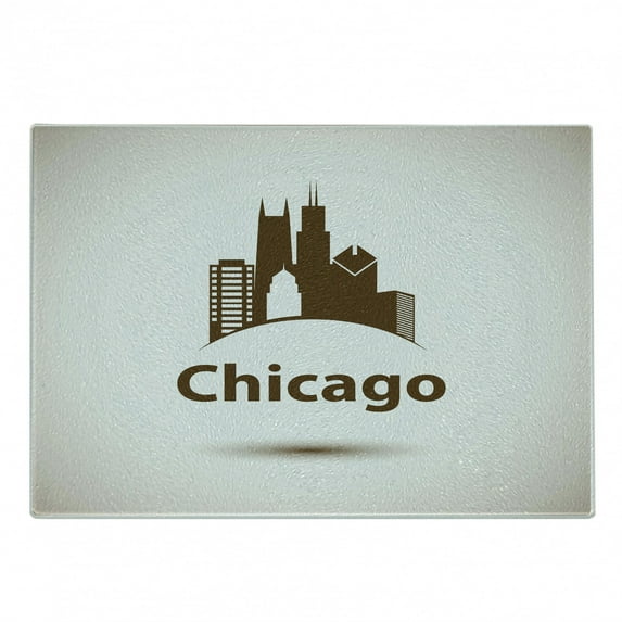 Chicago Skyline Cutting Board, USA City Old Fashioned Urban in Earth Toned Retro Poster Design, Decorative Tempered Glass Cutting and Serving Board, in 3 Sizes, by Ambesonne