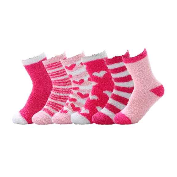 Women's Fuzzy Socks 6 Pairs, Pink Thick Coral Fleece Long Crew Socks, Extra Warm Winter Floor Slipper Socks, Valentine's Day Mother's Day Christmas Gift