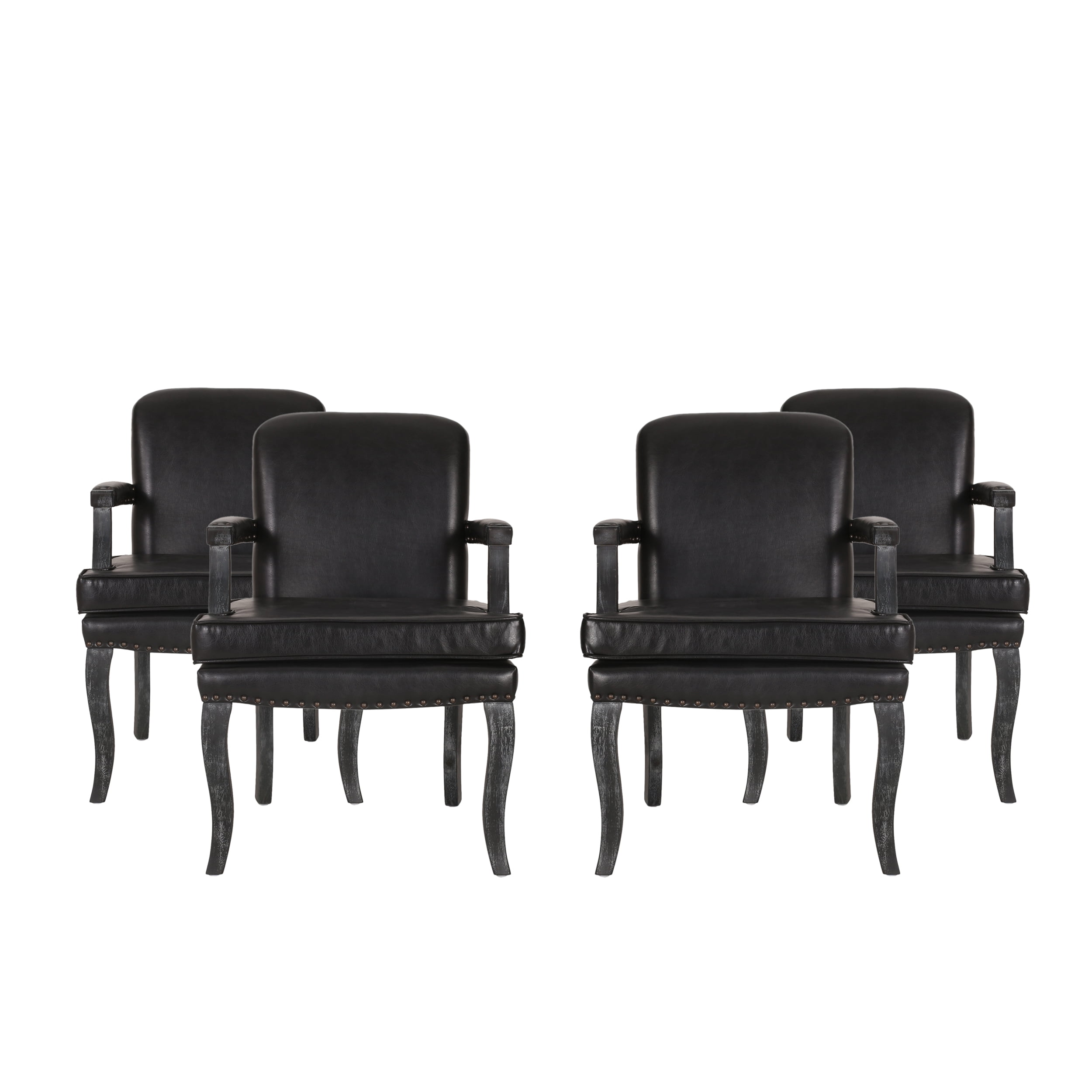 Noble House Ardson Faux Leather Dining Arm Chair, Set of 4, Midnight Black and Gray