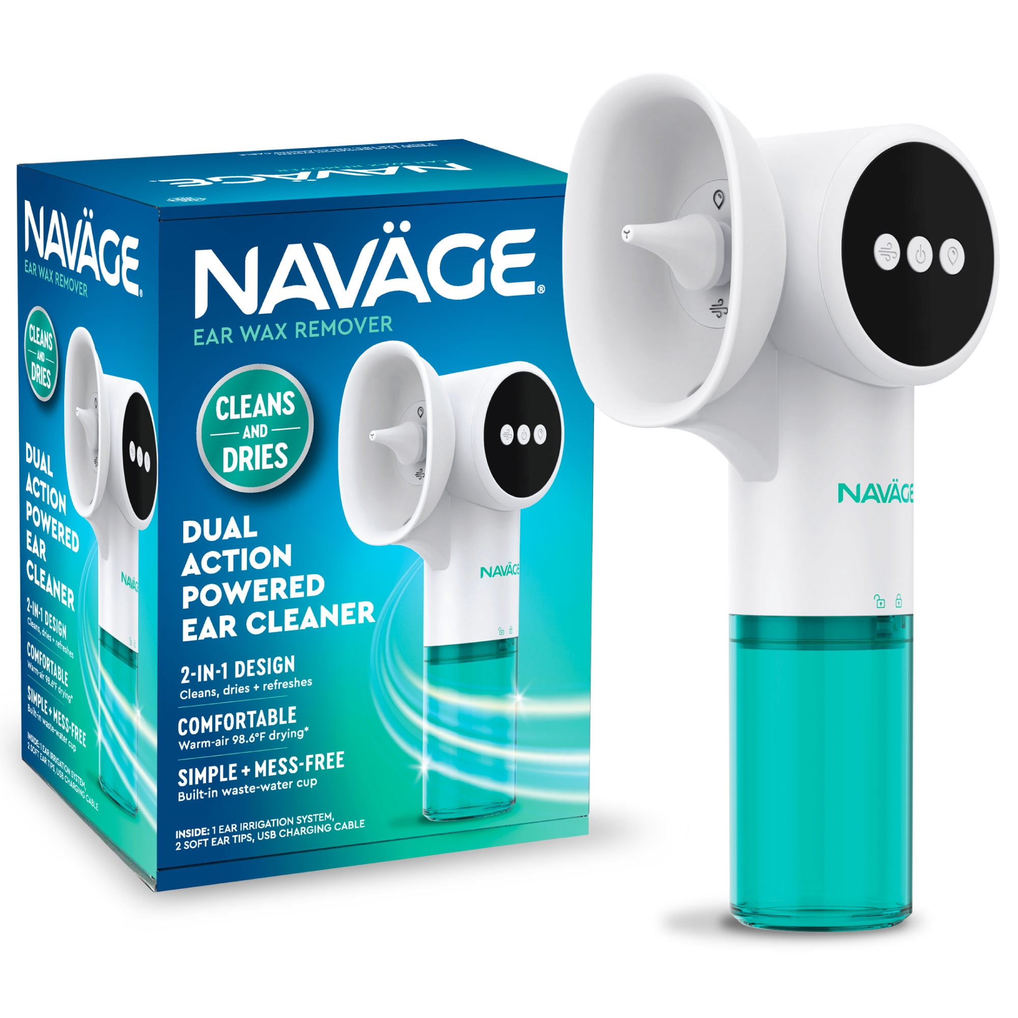 (2 pack) Navage Dual Action Ear Cleaner & Dryer System, Rechargeable, 5 Pressure Modes, For Ages 6+, Includes 2 Tips