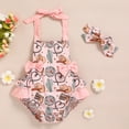 thumbnail image 3 of ZEHJUHAN Baby Girls' Ruffle Sleeveless Halter Romper + Headband Set, Bow Print Summer Outfit with Snap Closure Pink1，0-6M, 3 of 9