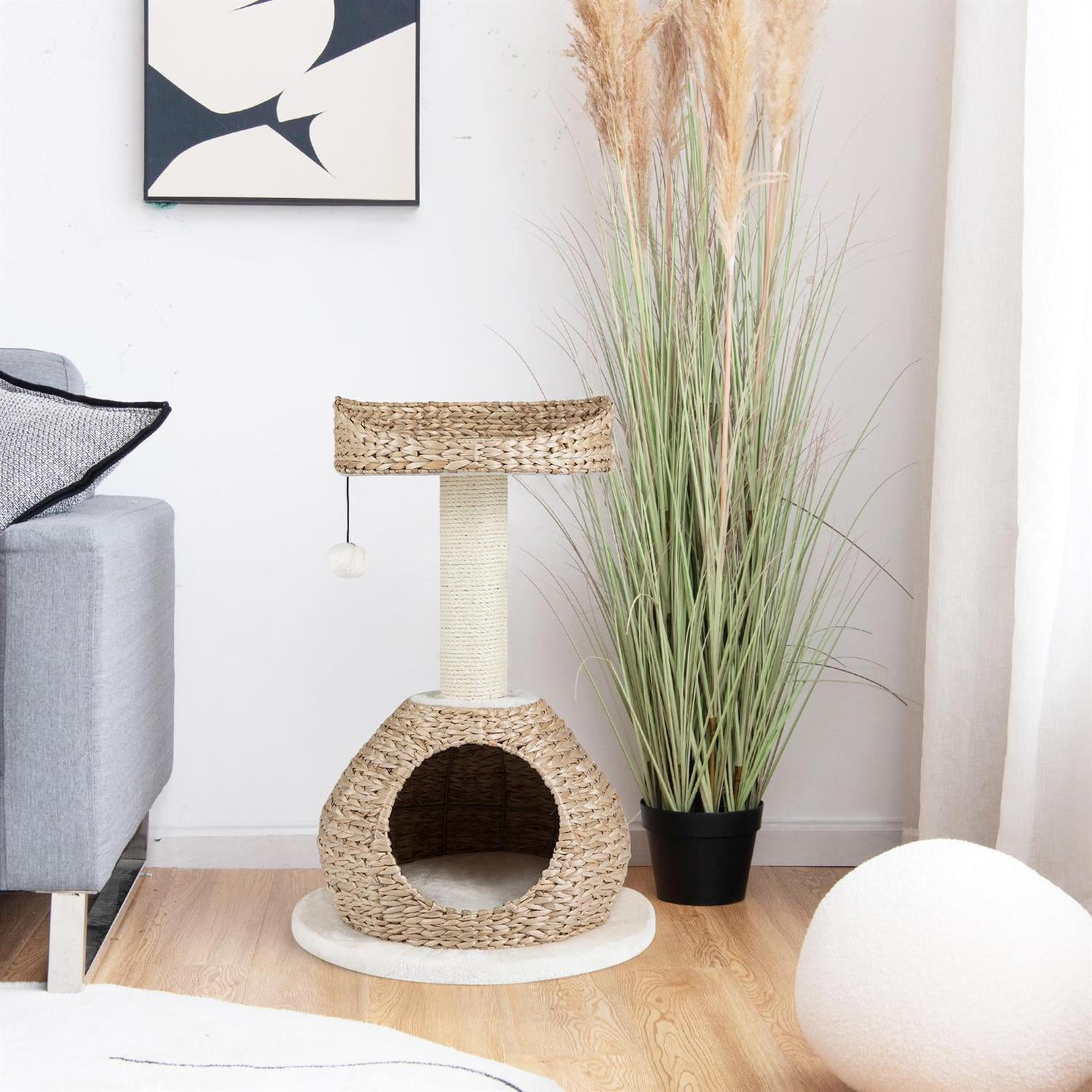 Pefilos 28" Hand-Made Cat Tree, Jump Platform & Sisal Scratching Post, Cat House & Rattan Weave, White